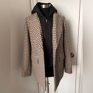 Blazer jacket with removable bib/hood.